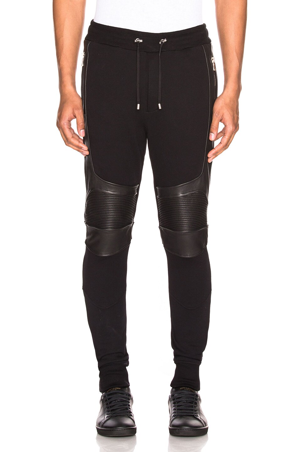 Image 1 of BALMAIN Ribbed Moto Sweatpants with Leather Details in Black