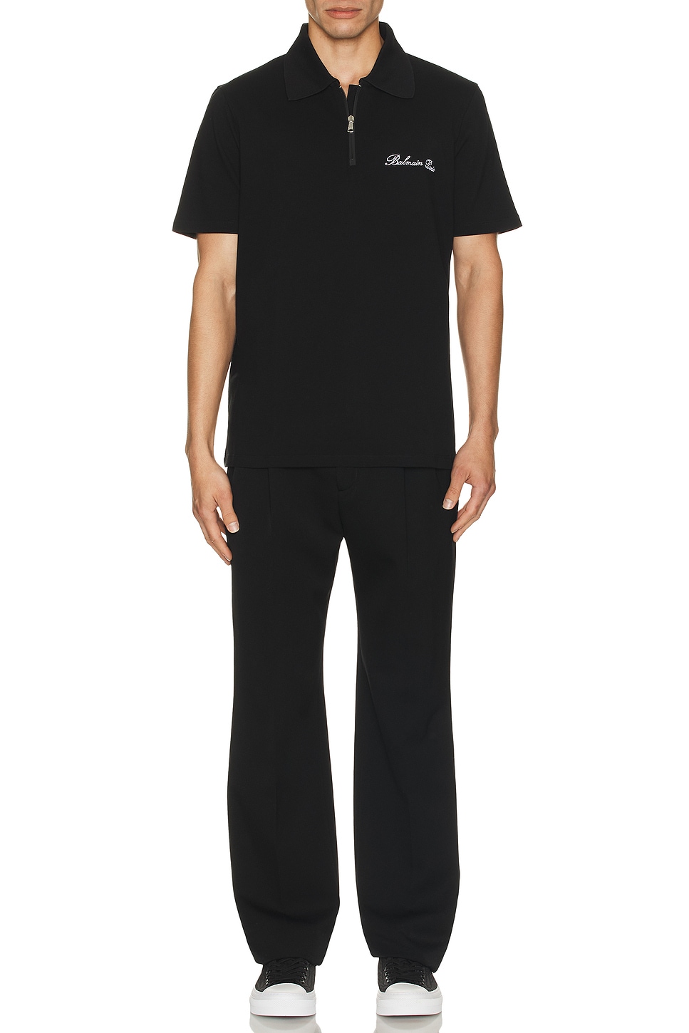 Image 1 of BALMAIN Signature Embroidered Zipped Polo in Black