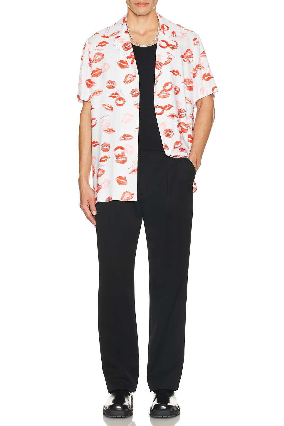 Image 1 of BALMAIN Kiss Print Pyjama Shirt in White & Red