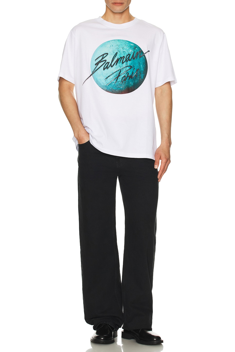 Image 1 of BALMAIN Paris & Planet T-Shirt in White, Turquoise, Blue, & Black
