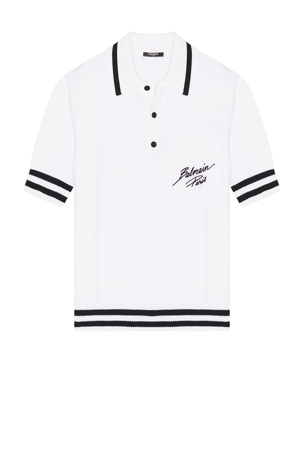 Image 1 of BALMAIN Paris Logo Cotton Knit Polo in White & Black