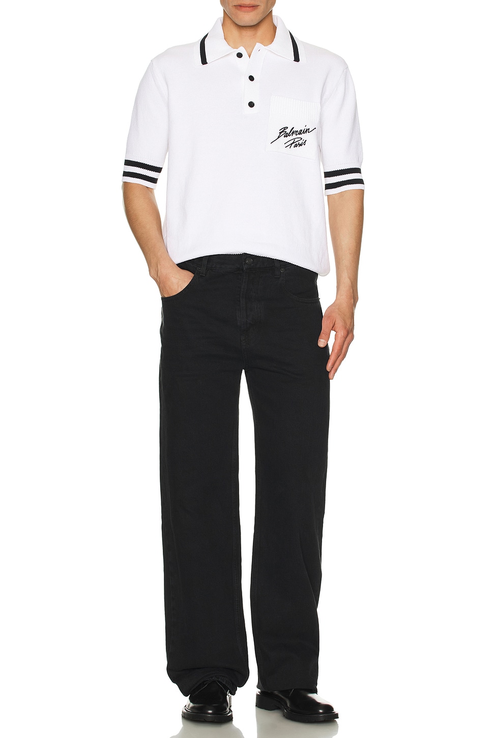 Image 1 of BALMAIN Paris Logo Cotton Knit Polo in White & Black