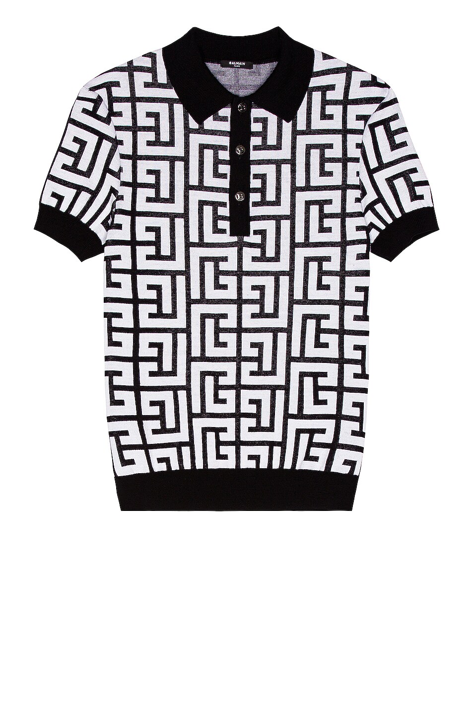 Image 1 of BALMAIN Maxi Monogram Wool & Linen Polo Shirt in EAB NOIR/BLANC