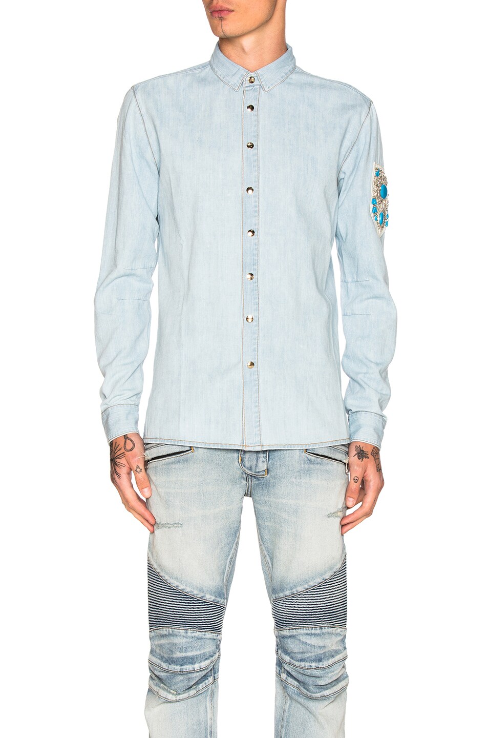 Image 1 of BALMAIN Embroidered Denim Shirt in Blue
