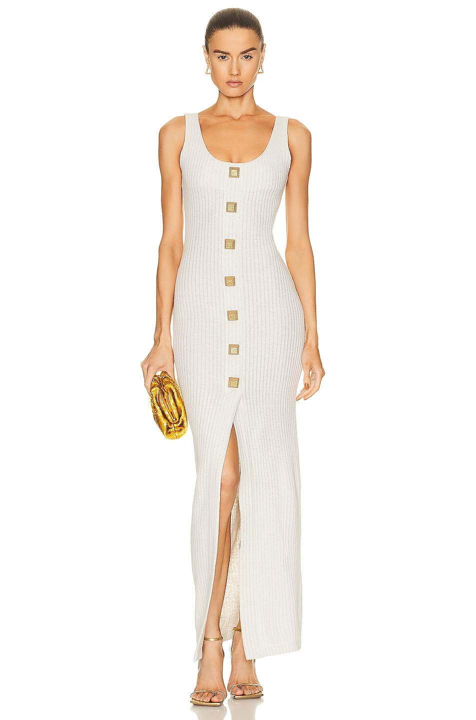 Image 1 of BALMAIN Buttoned Ribbed Jersey Long Dress in Beige