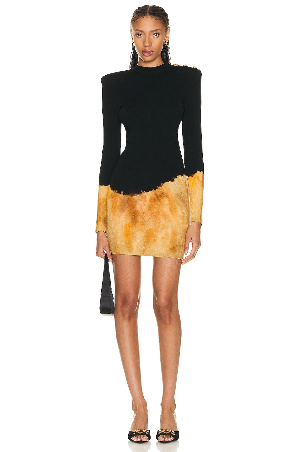 Image 1 of BALMAIN Fire Jacquard Knit Short Dress in Noir, Ocre, & Rouille