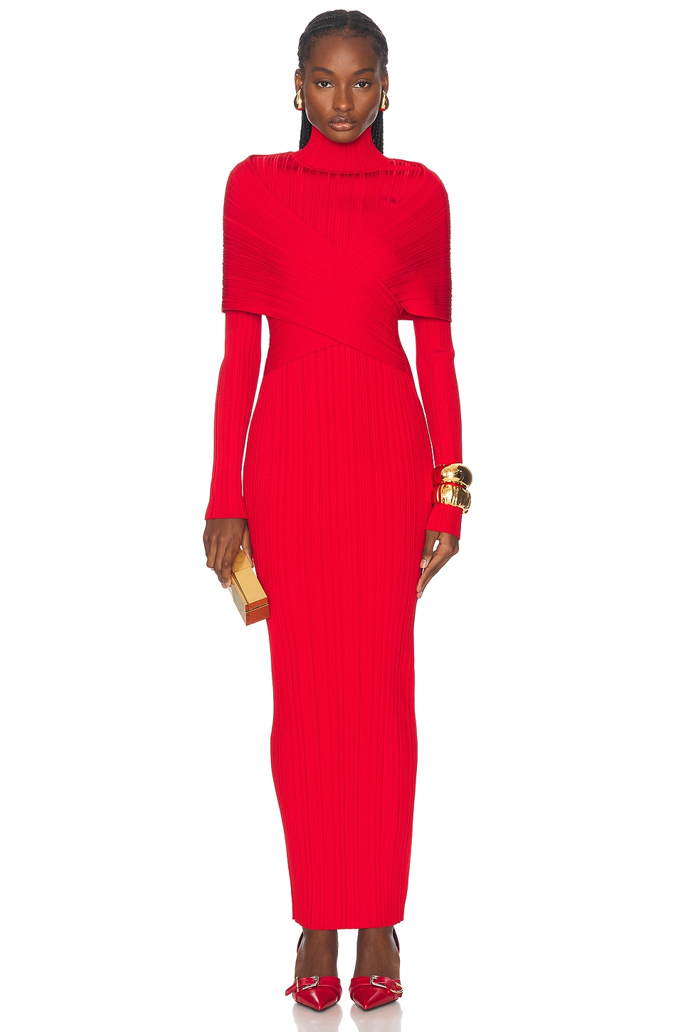 Shop Balmain High Neck Pleated Knit Long Dress In Rouge