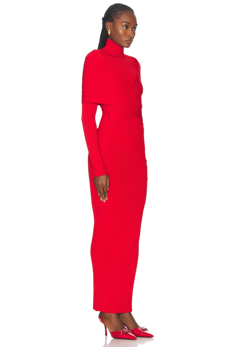 Shop Balmain High Neck Pleated Knit Long Dress In Rouge