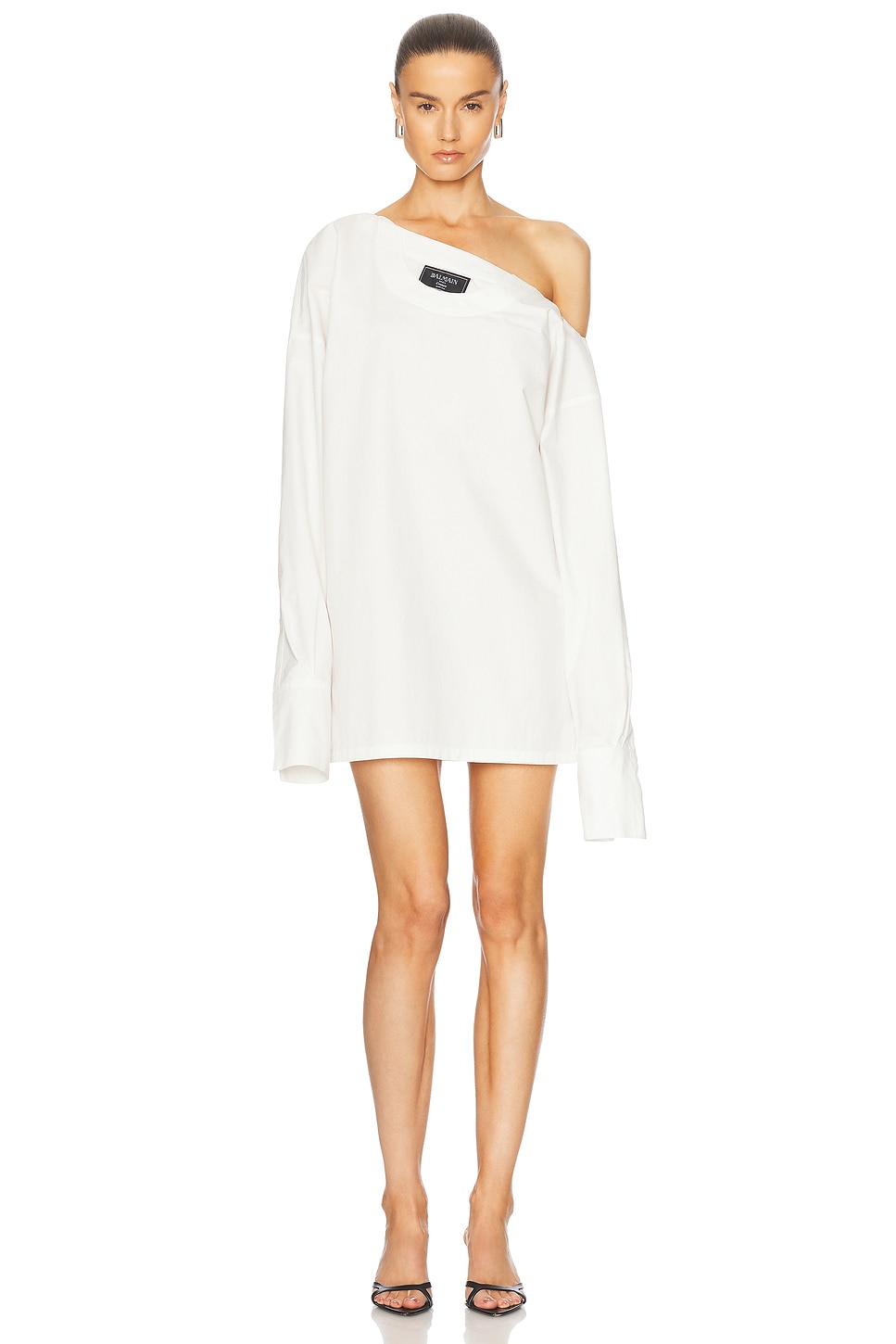 BALMAIN OPEN NECK ASYMMETRIC SHIRT DRESS