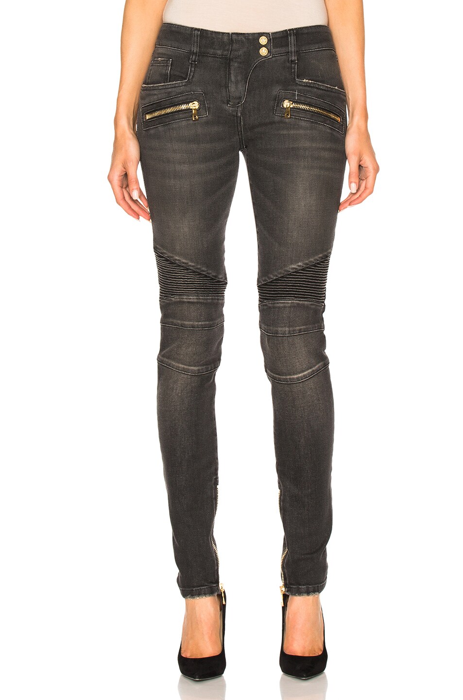 BALMAIN Skinny Moto Jeans in Gray | FWRD
