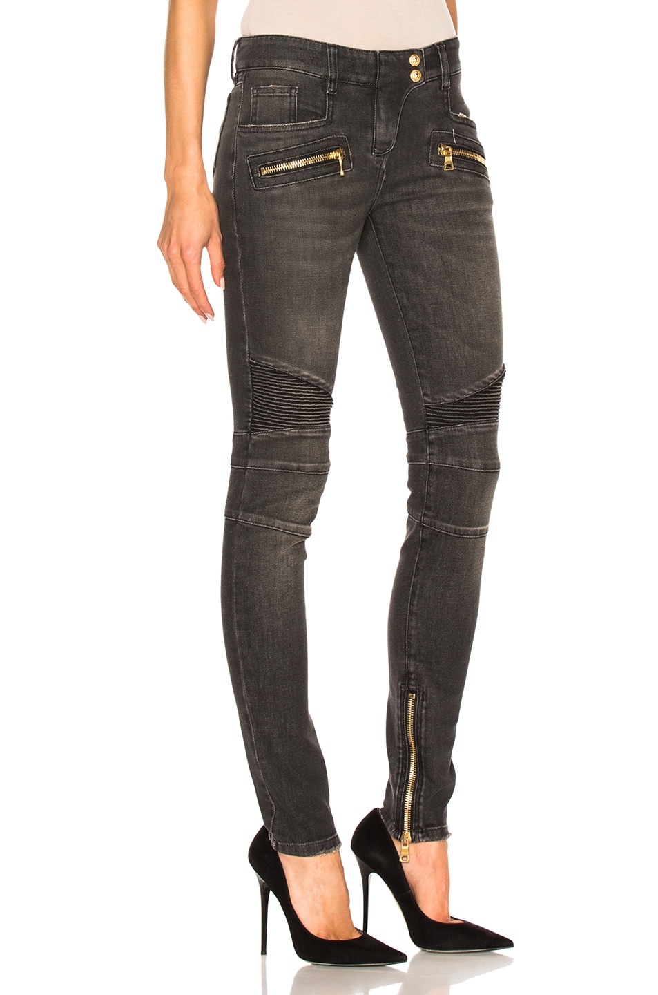 BALMAIN Skinny Moto Jeans in Gray | FWRD