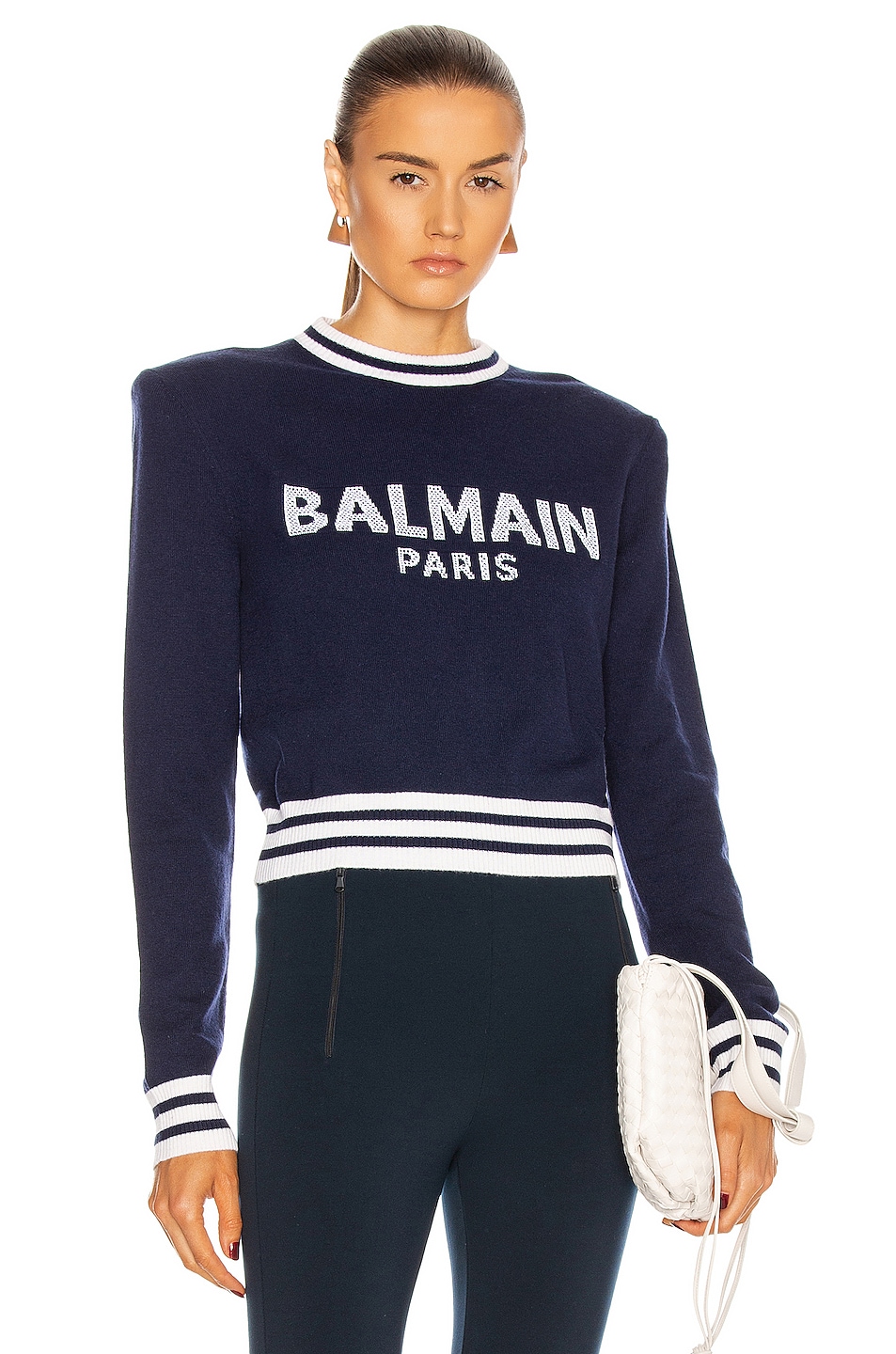 Image 1 of BALMAIN Cropped Logo Sweater in Marine & Blanc