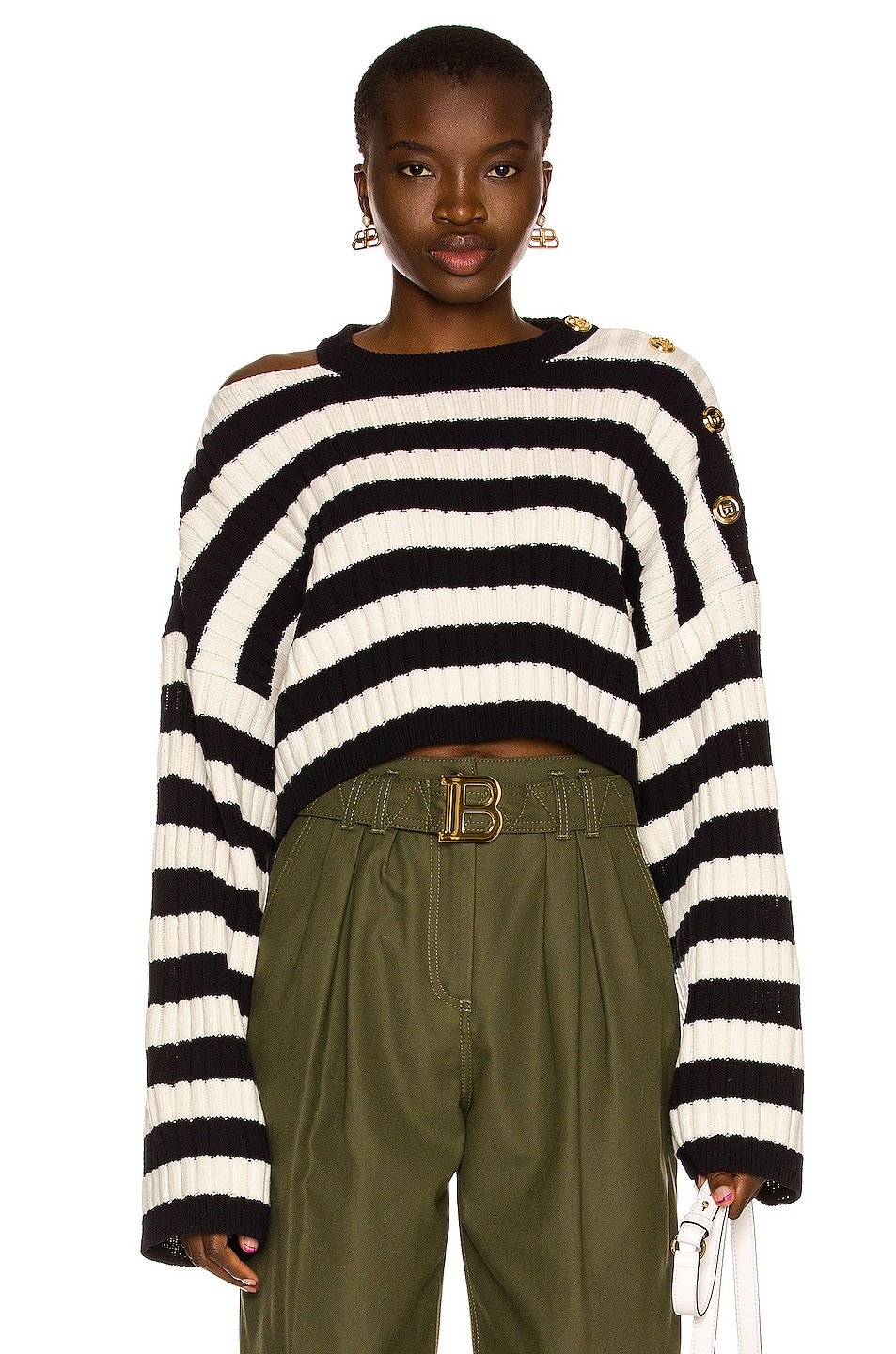Image 1 of BALMAIN Oversized Button Cropped Sweater in Noir & Blanc