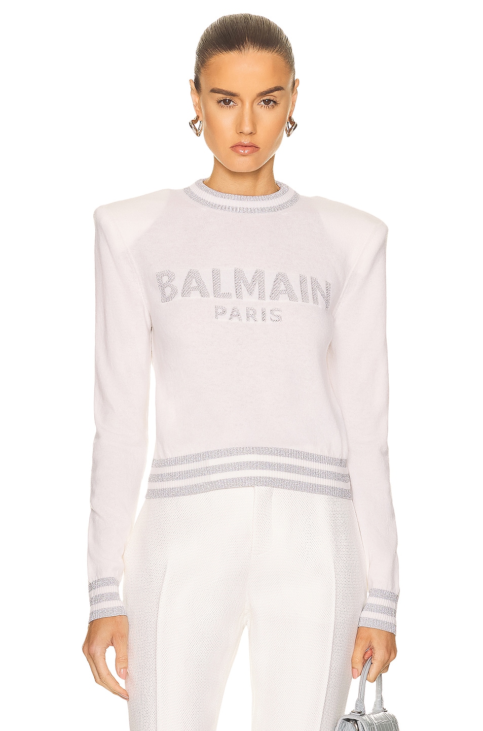 Image 1 of BALMAIN Monogramed Cropped Pullover in White & Silver