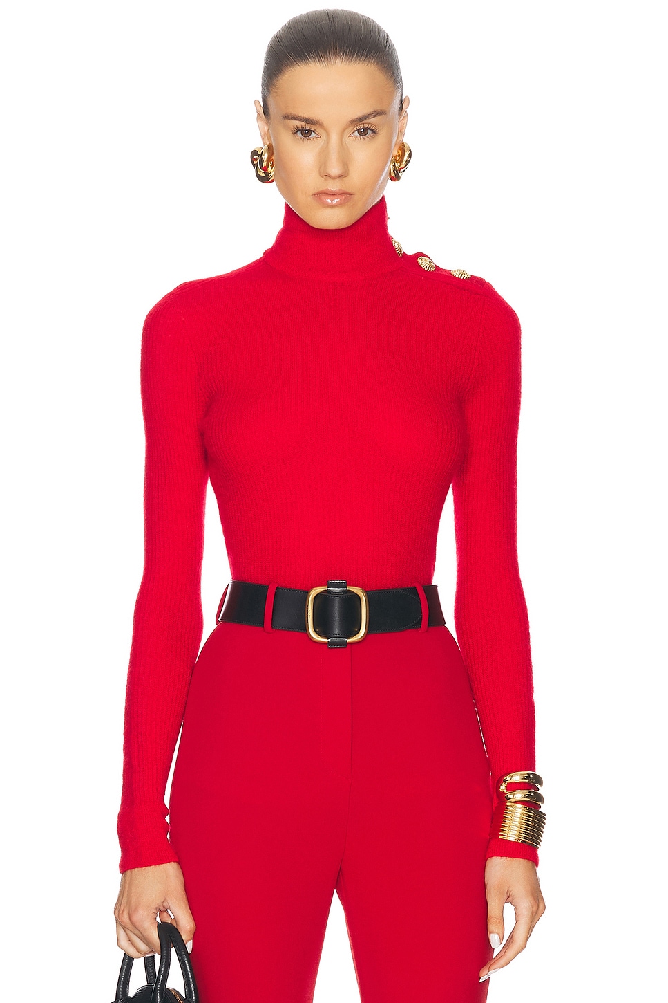 Shop Balmain Buttoned High Neck Mohair Top In Rouge