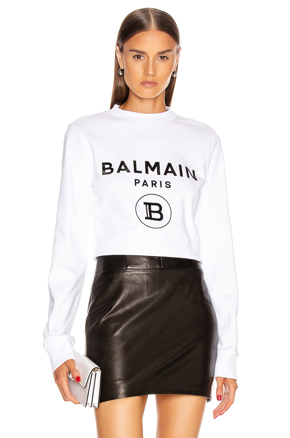Image 1 of BALMAIN Cropped Logo Sweatshirt in White & Black