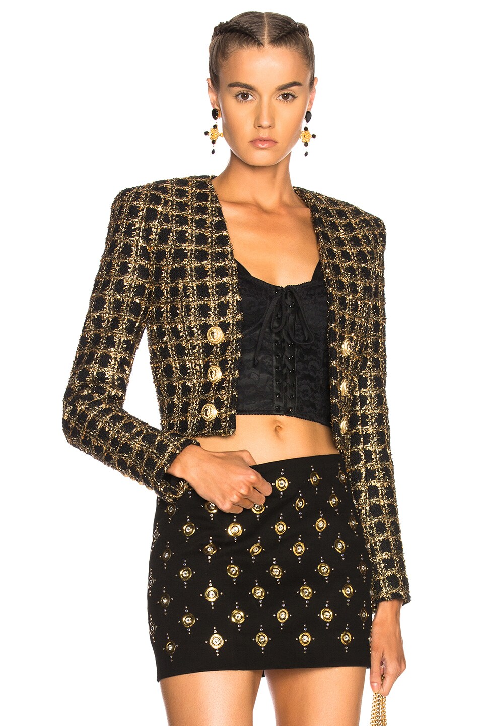 BALMAIN Tweed Cropped Blazer in Black & Gold | FWRD