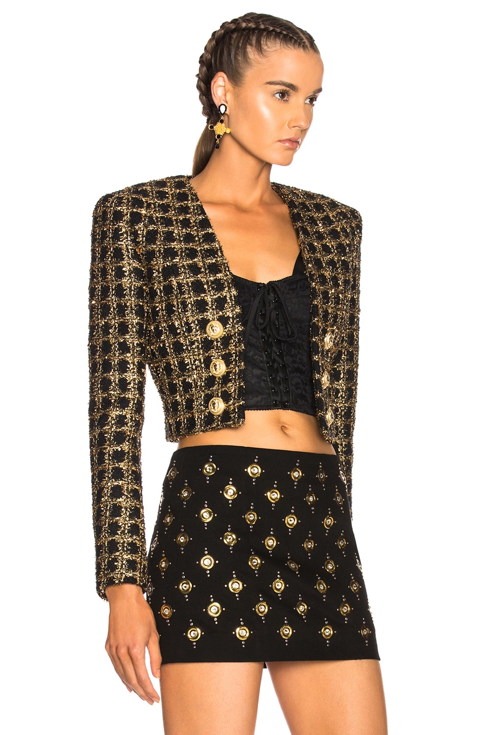 BALMAIN Tweed Cropped Blazer in Black & Gold | FWRD