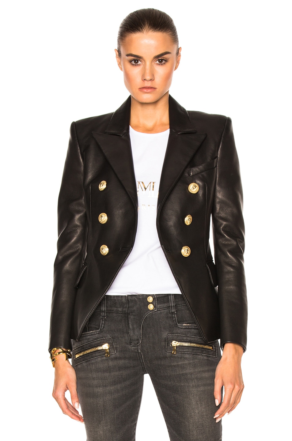 BALMAIN Double Breasted Leather Blazer in Black | FWRD