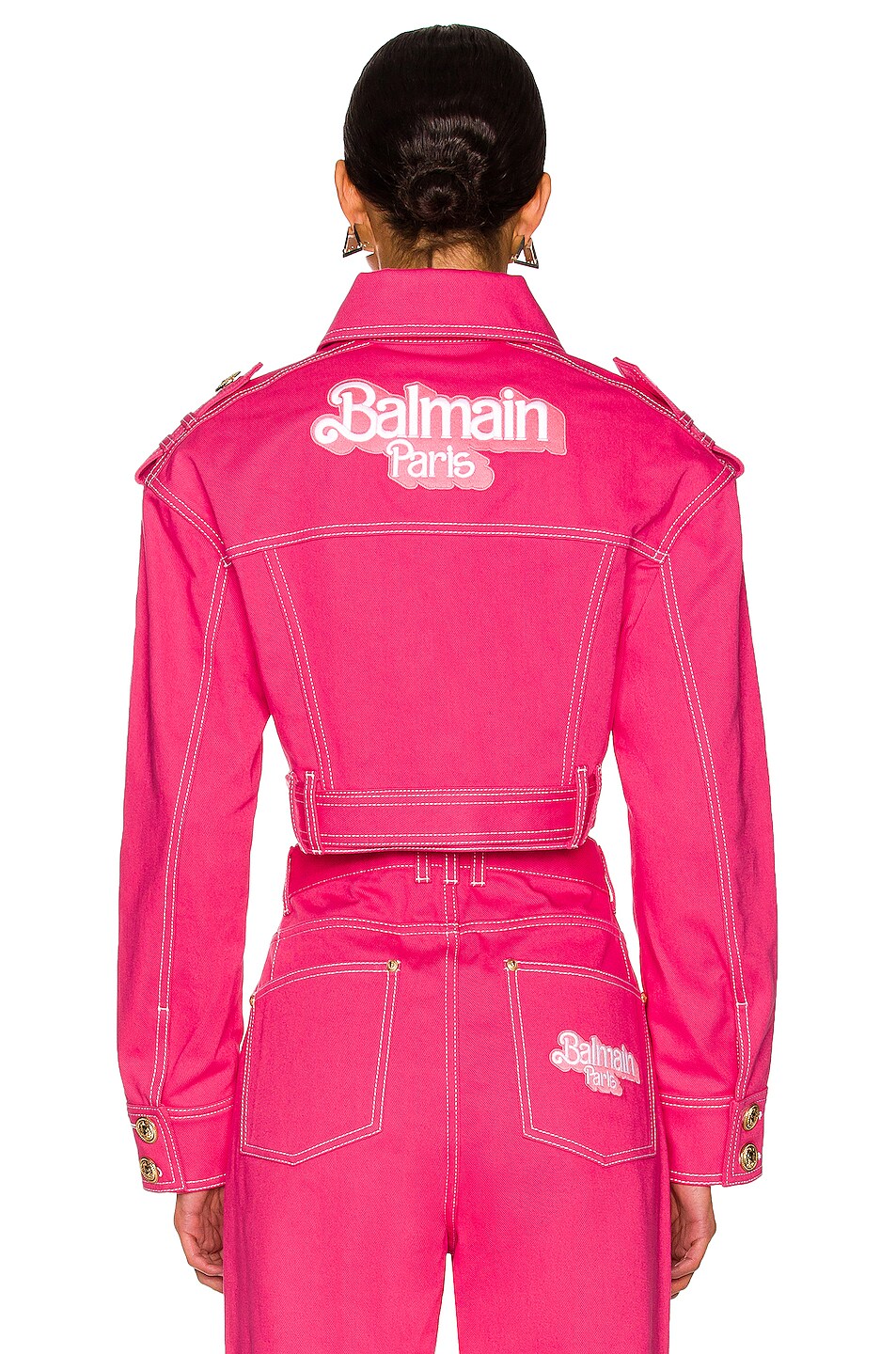 Balmain Cropped Patch Denim Jacket In Rose Fwrd