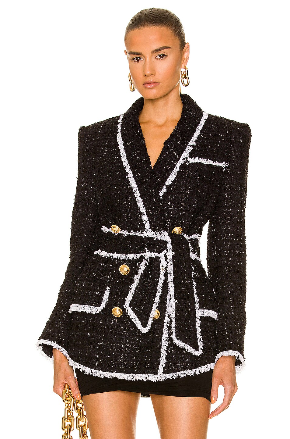 Image 1 of BALMAIN Shawl Collar Pajama Tweed Jacket in Noir & Blanc
