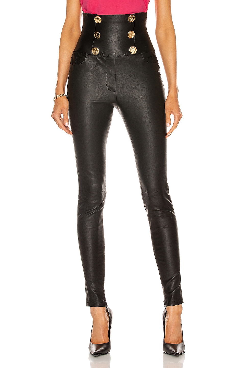 Image 1 of BALMAIN High Waisted Leather Skinny Pant in Noir