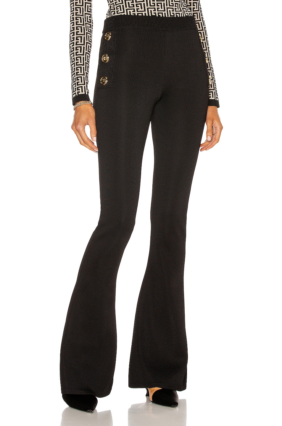 Image 1 of BALMAIN High Waist Button Trimmed Knit Flare Pant in Noir