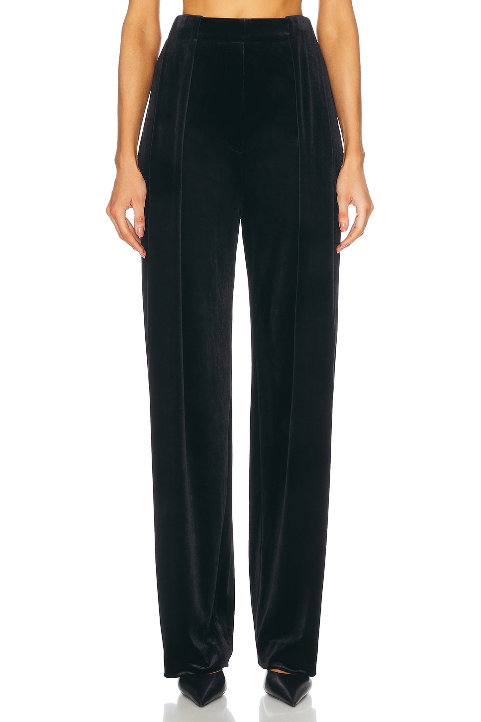 Image 1 of BALMAIN High Waisted Pleated Loose Velvet Pant in Noir