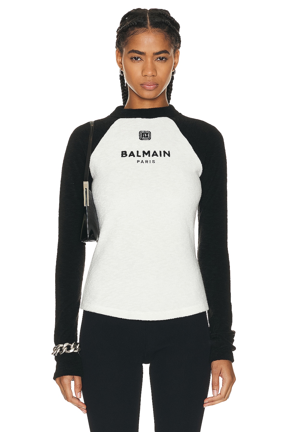 Image 1 of BALMAIN Raglan Jersey Pullover in Blanc & Noir