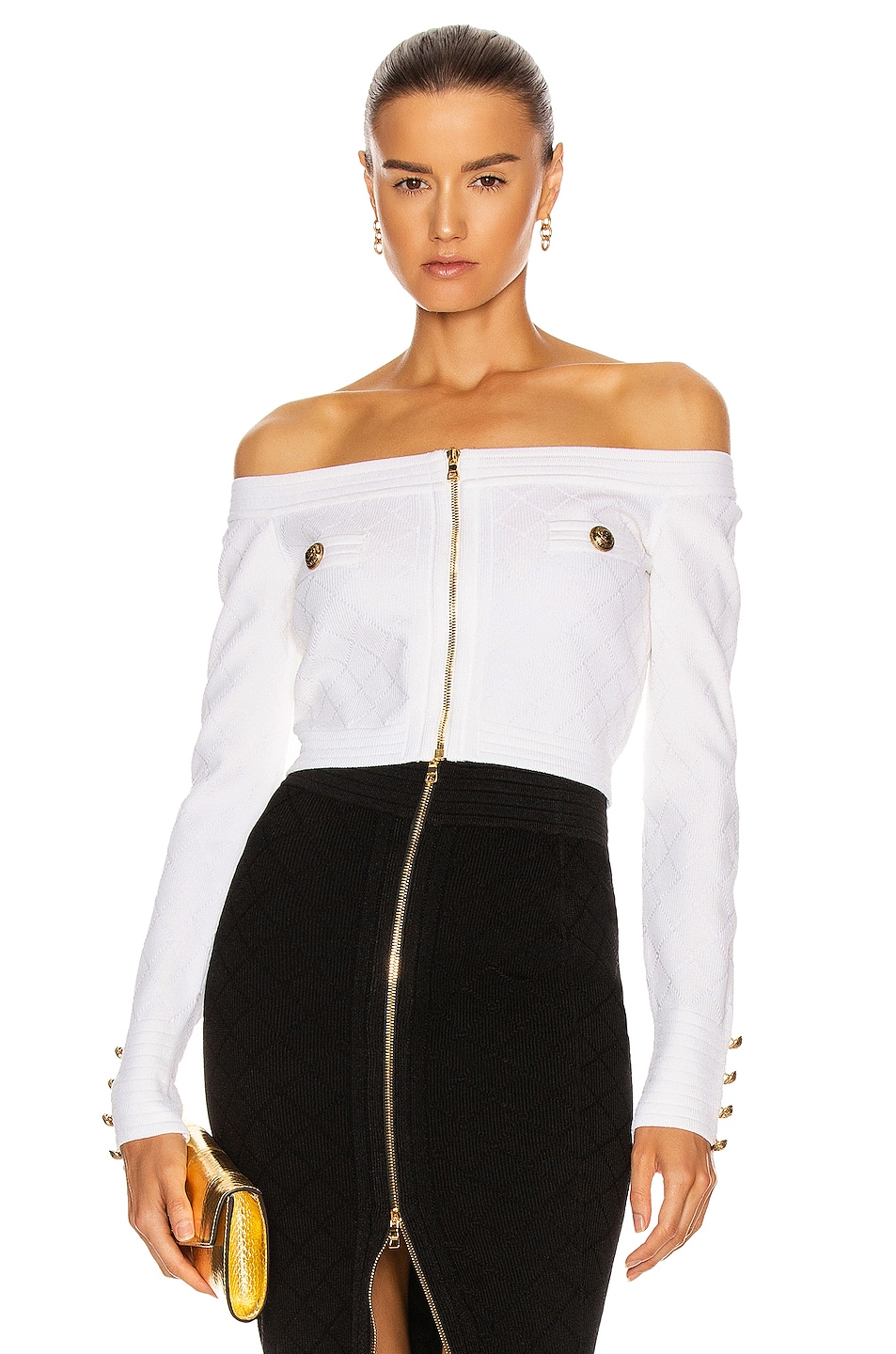 Image 1 of BALMAIN Zipped Off-The-Shoulder Diamond Knit Top in Blanc