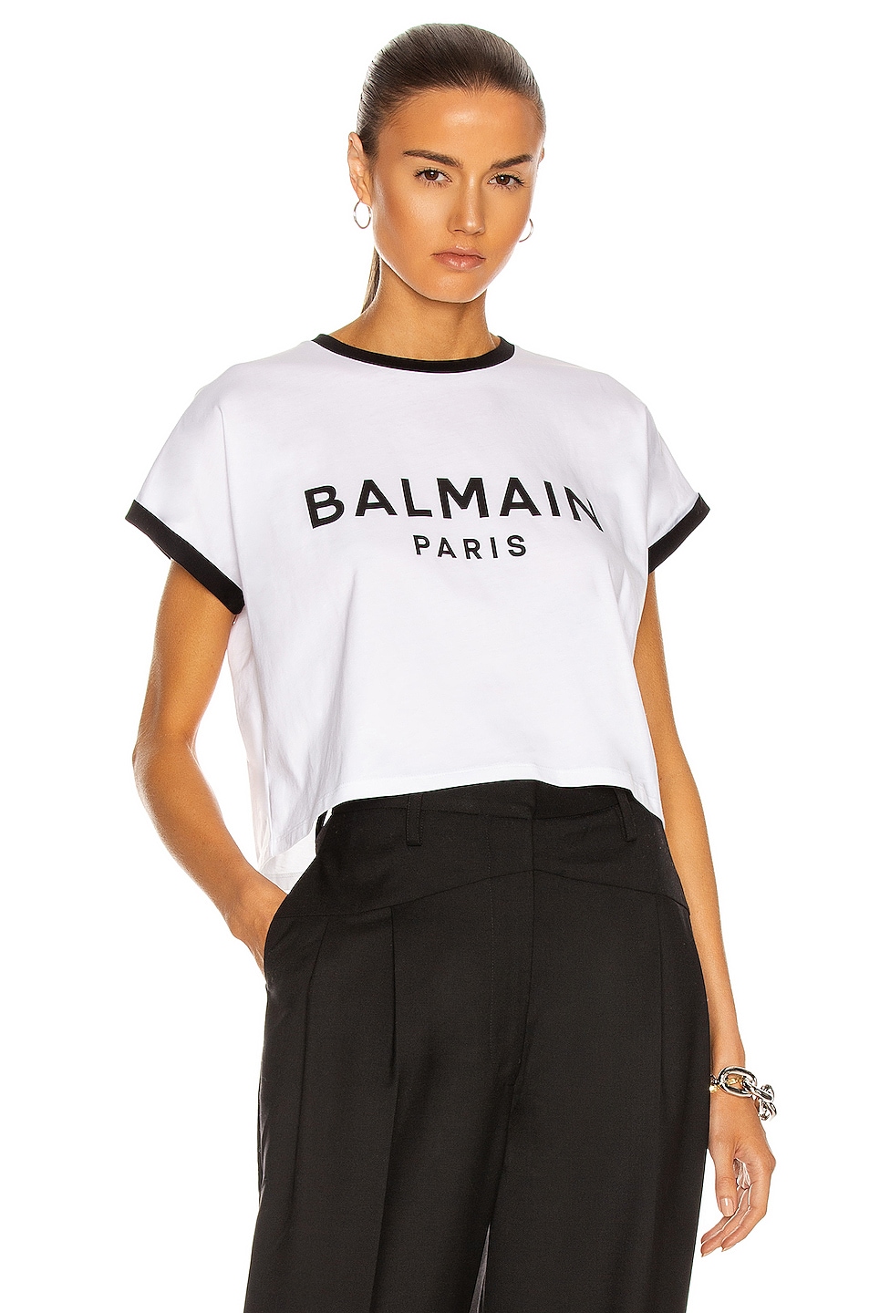 Image 1 of BALMAIN Cropped Logo T- Shirt in Blanc & Noir