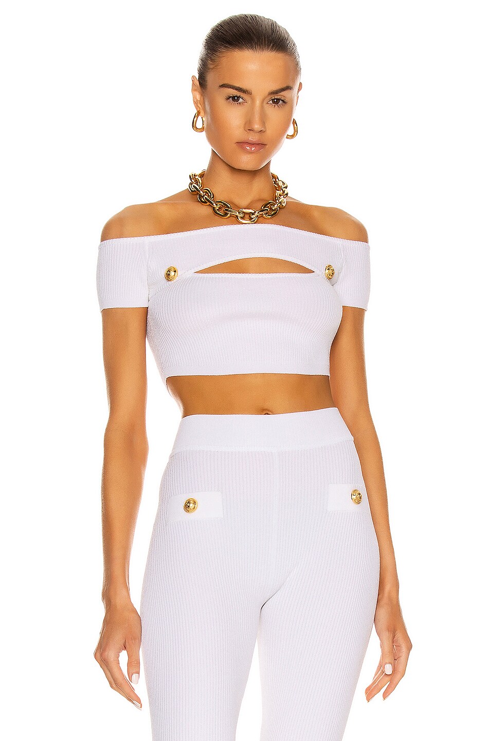 Image 1 of BALMAIN Cropped Off the Shoulder Knit Top in Blanc