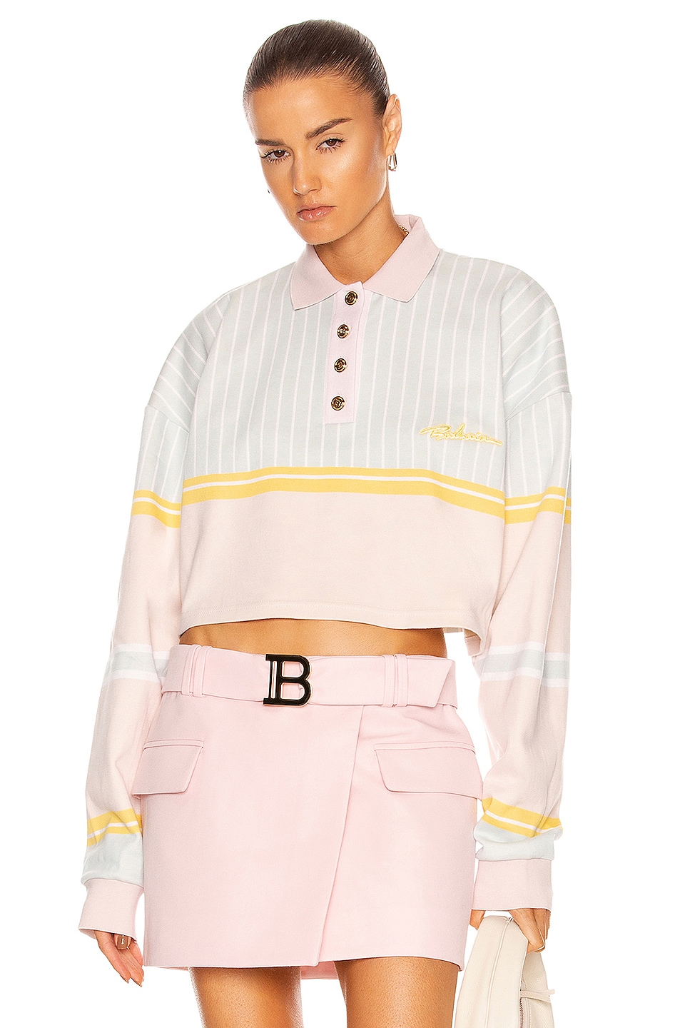 Image 1 of BALMAIN Cropped Long Sleeve Logo Polo Shirt in Pastel Multi