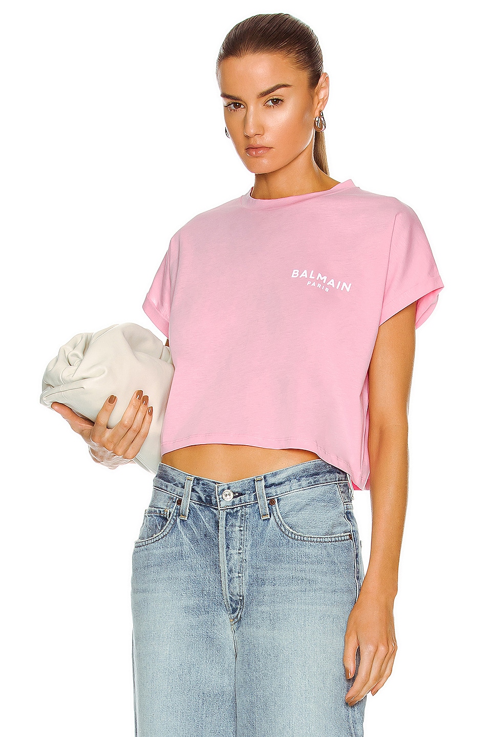 Image 1 of BALMAIN Cropped Short Sleeve Logo T-Shirt in Rose & Blanc