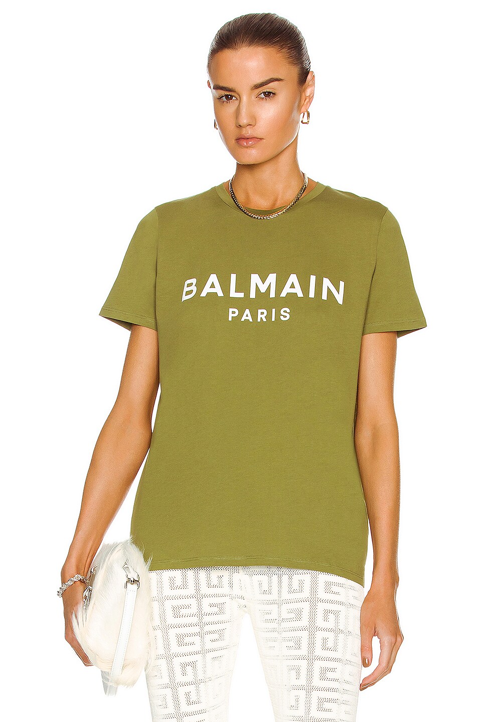 Image 1 of BALMAIN Short Sleeve Printed Logo T-Shirt in Khaki Clair & Blanc