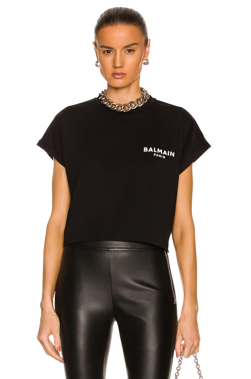 Image 1 of BALMAIN Cropped Flock T-Shirt in Noir & Blanc