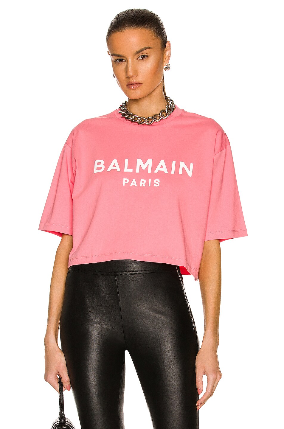 Image 1 of BALMAIN Cropped T-Shirt in Rose Saumon & Blanc