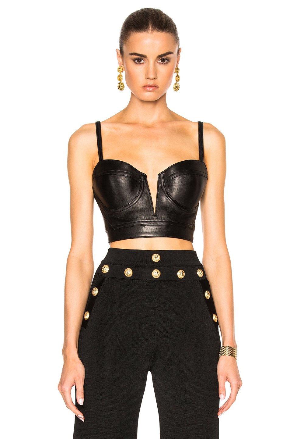 Image 1 of BALMAIN Leather Cropped Bra Top in Black