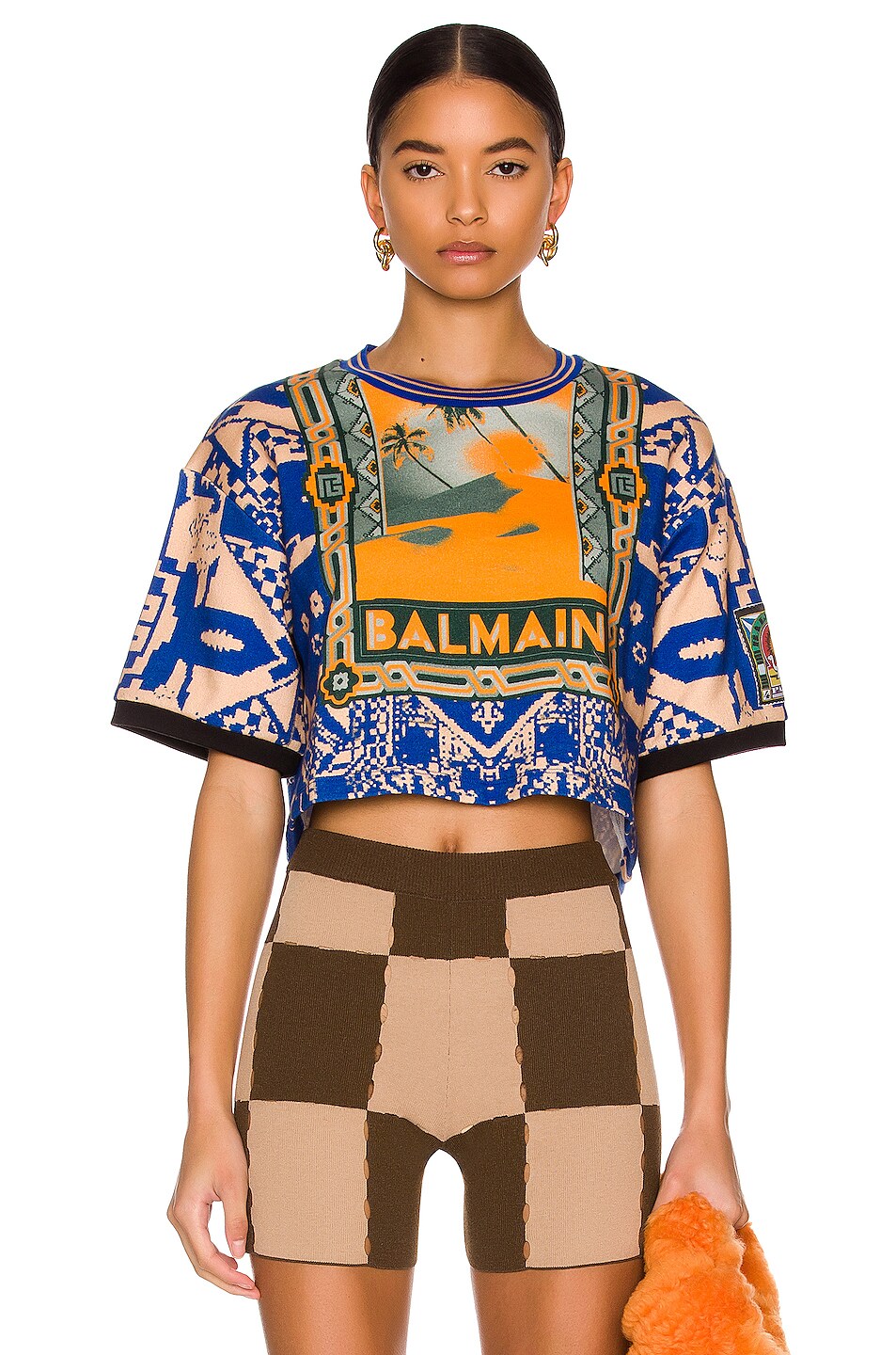 Image 1 of BALMAIN Cropped All Over Print T-Shirt in Orange & Multi