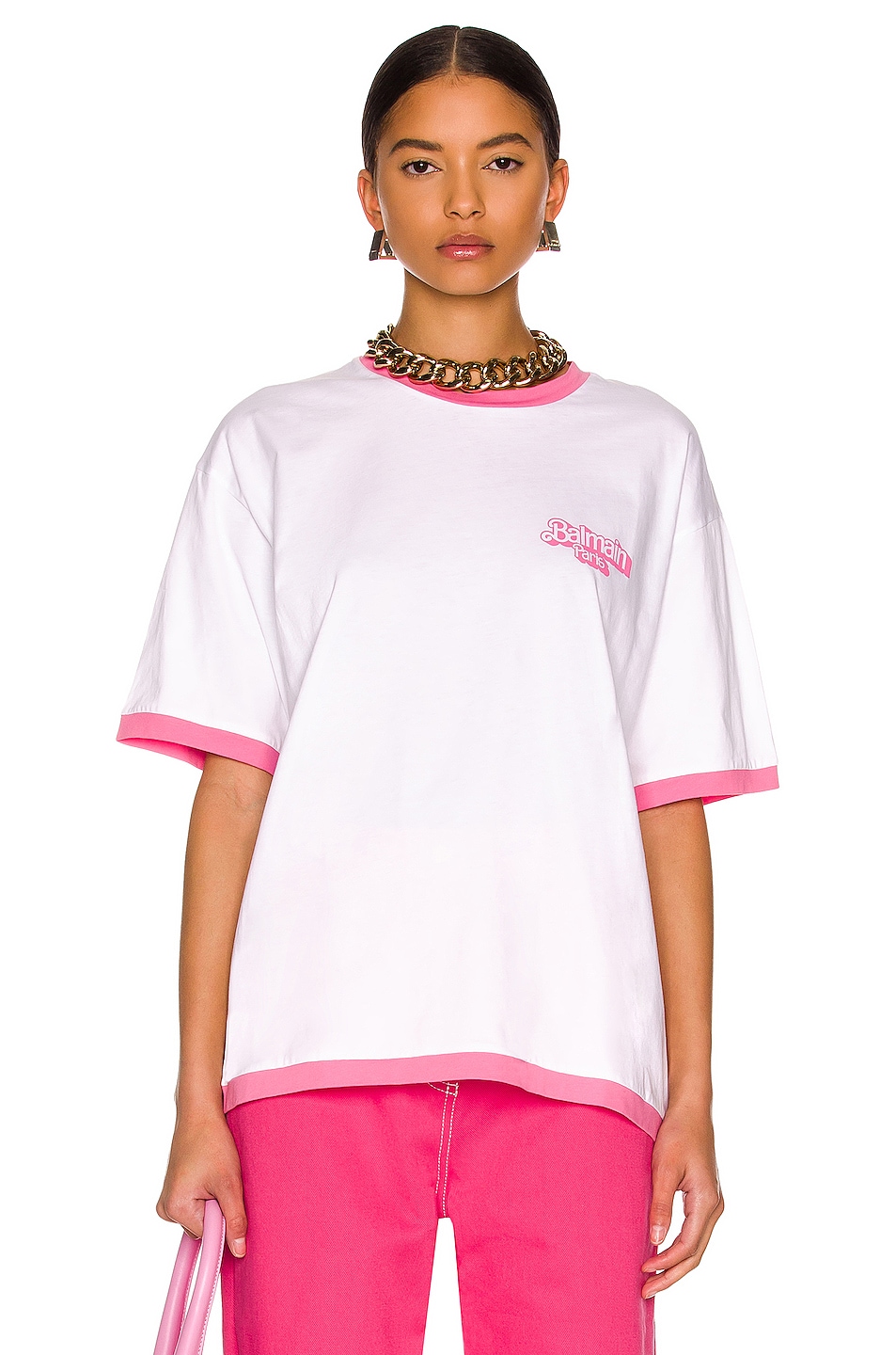 Image 1 of BALMAIN Bicolor Printed T-Shirt in Blanc & Rose