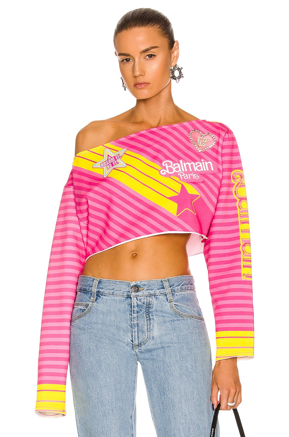 Image 1 of BALMAIN Cropped Off the Shoulder Print Top in Rose & Multi