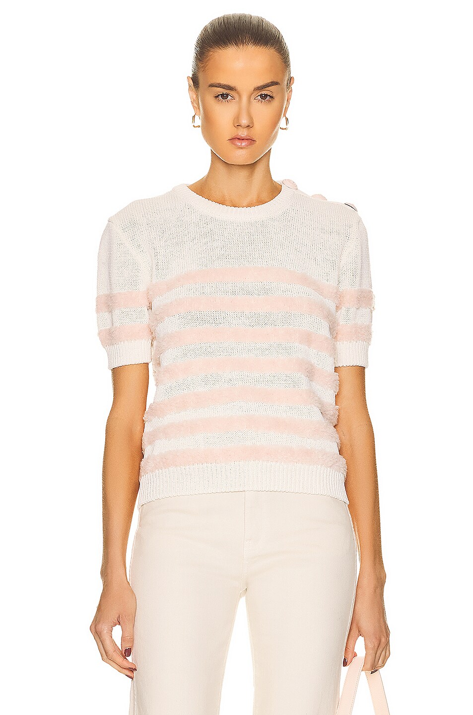 Image 1 of BALMAIN Fluffy Striped Knit Top in Blanc Casse & Rose