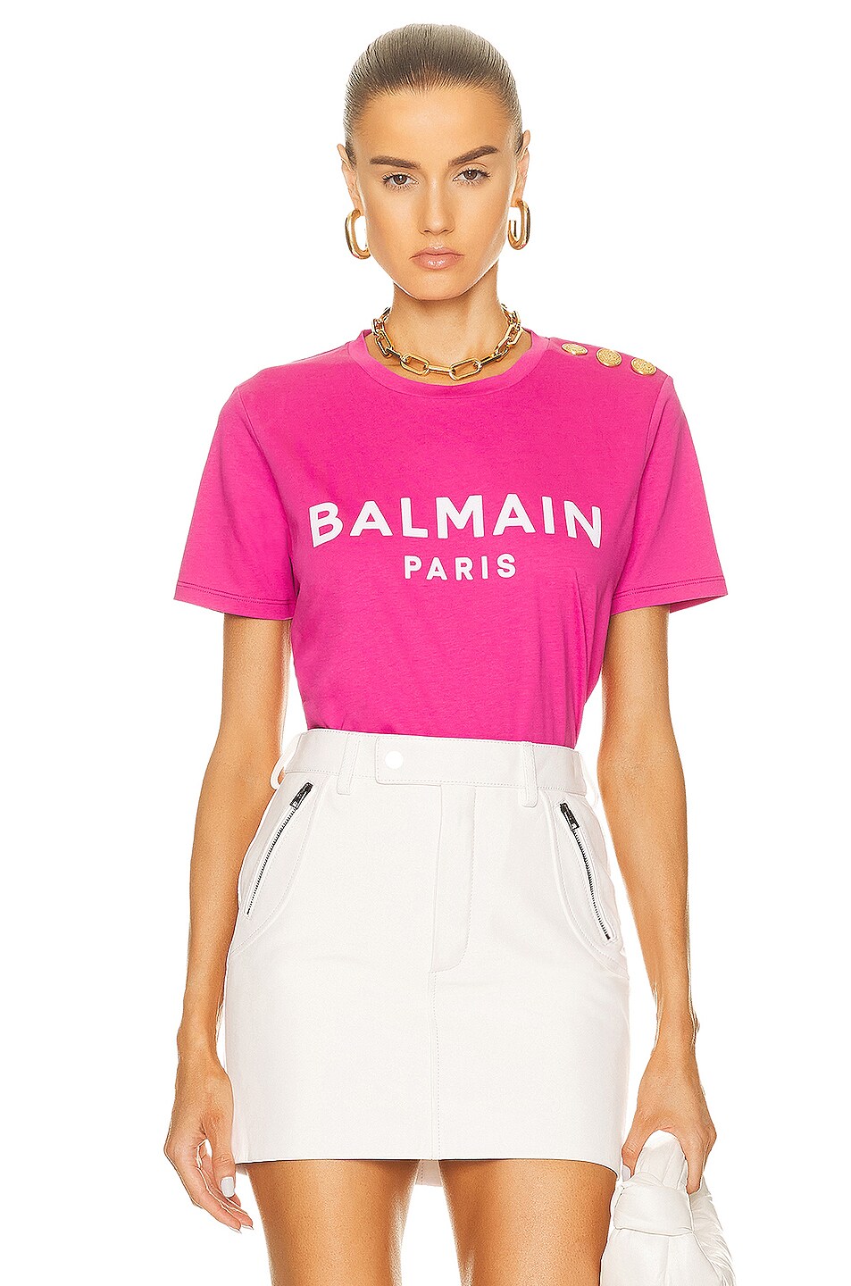 Image 1 of BALMAIN 3 Button Flocked T-Shirt in Fuchsia & White