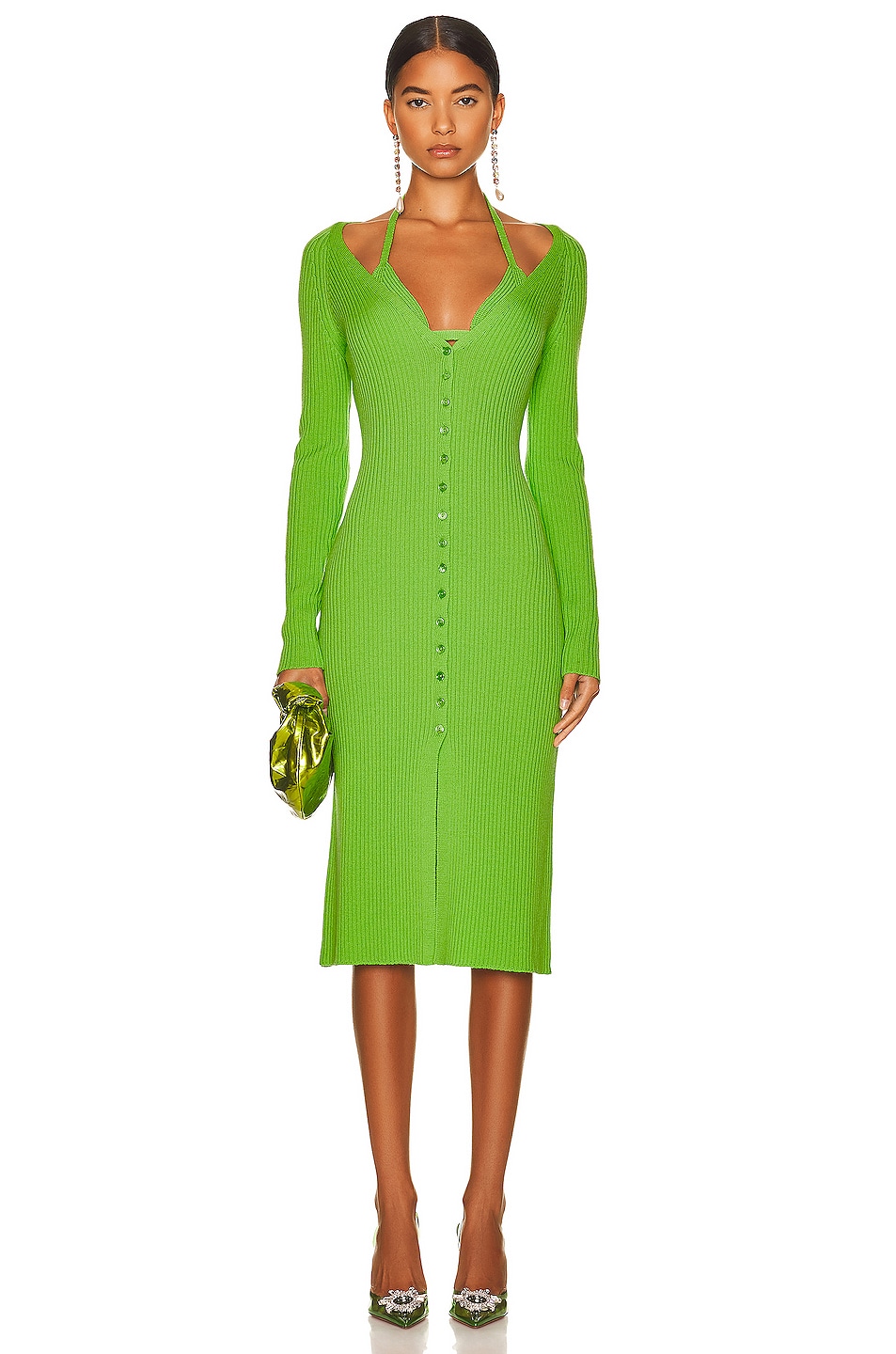 Image 1 of Blumarine Long Sleeve Knitted Midi Dress in Verde Fluo