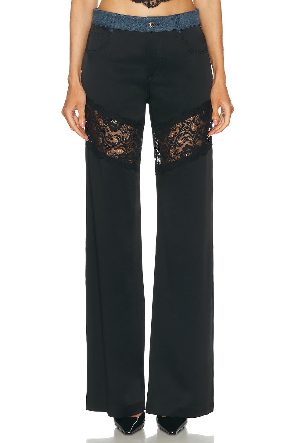 Shop Blumarine Lace Wide Leg In Black & Dark Denim