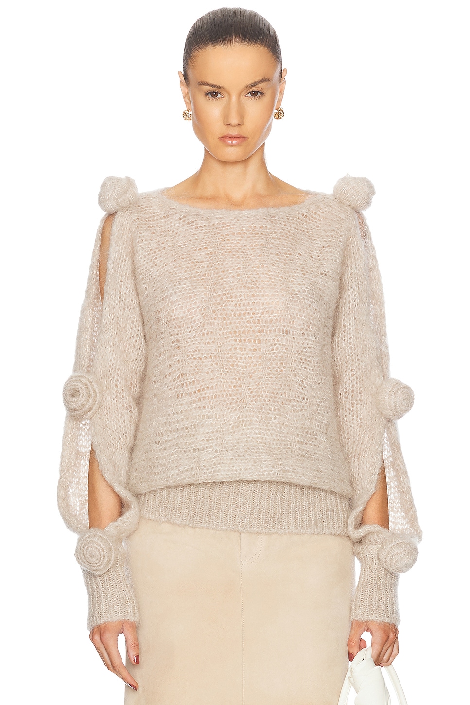 Shop Blumarine Cut Out Sleeve Sweater In Tapioca Beige