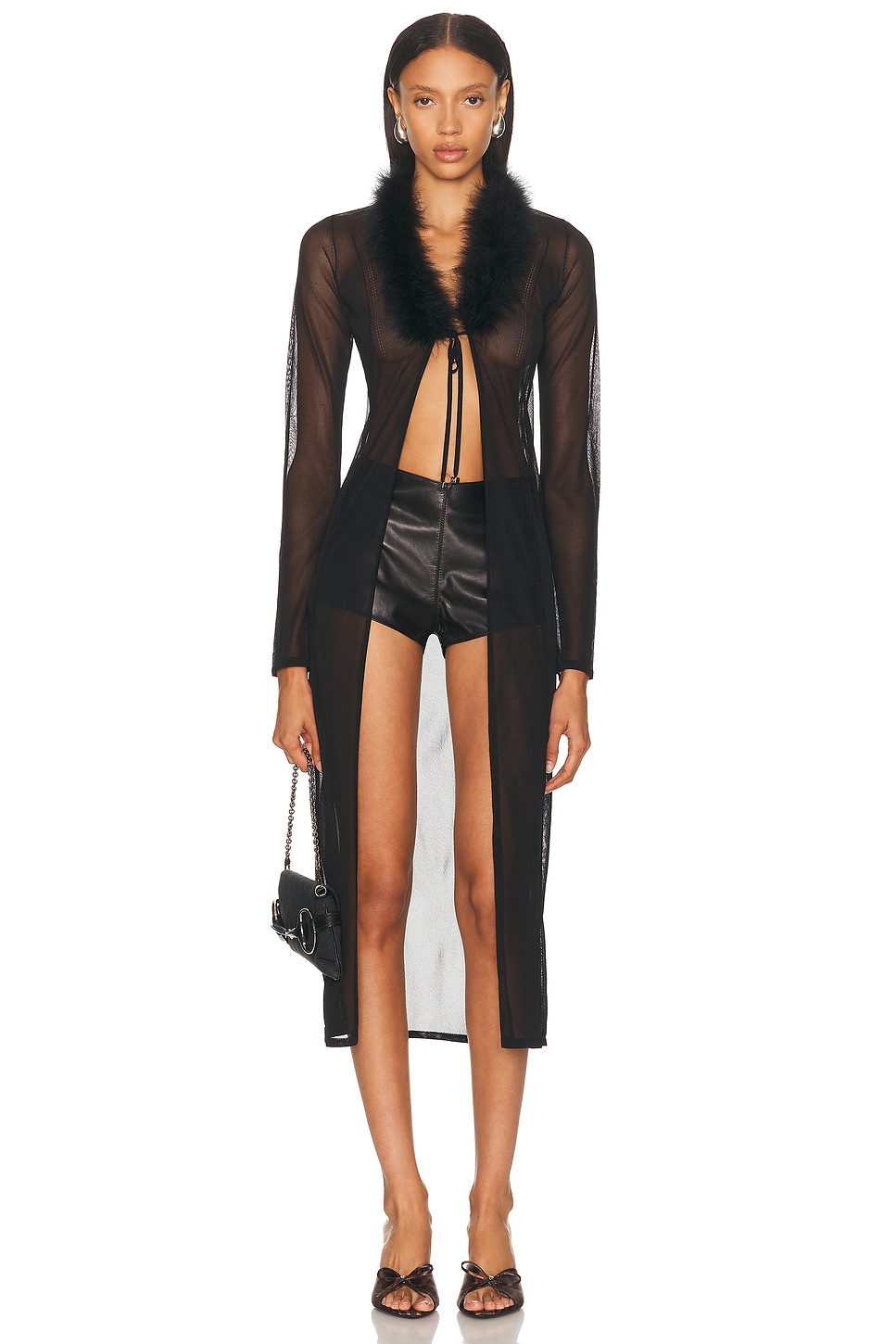 Fur Collar Long Cardigan in Black