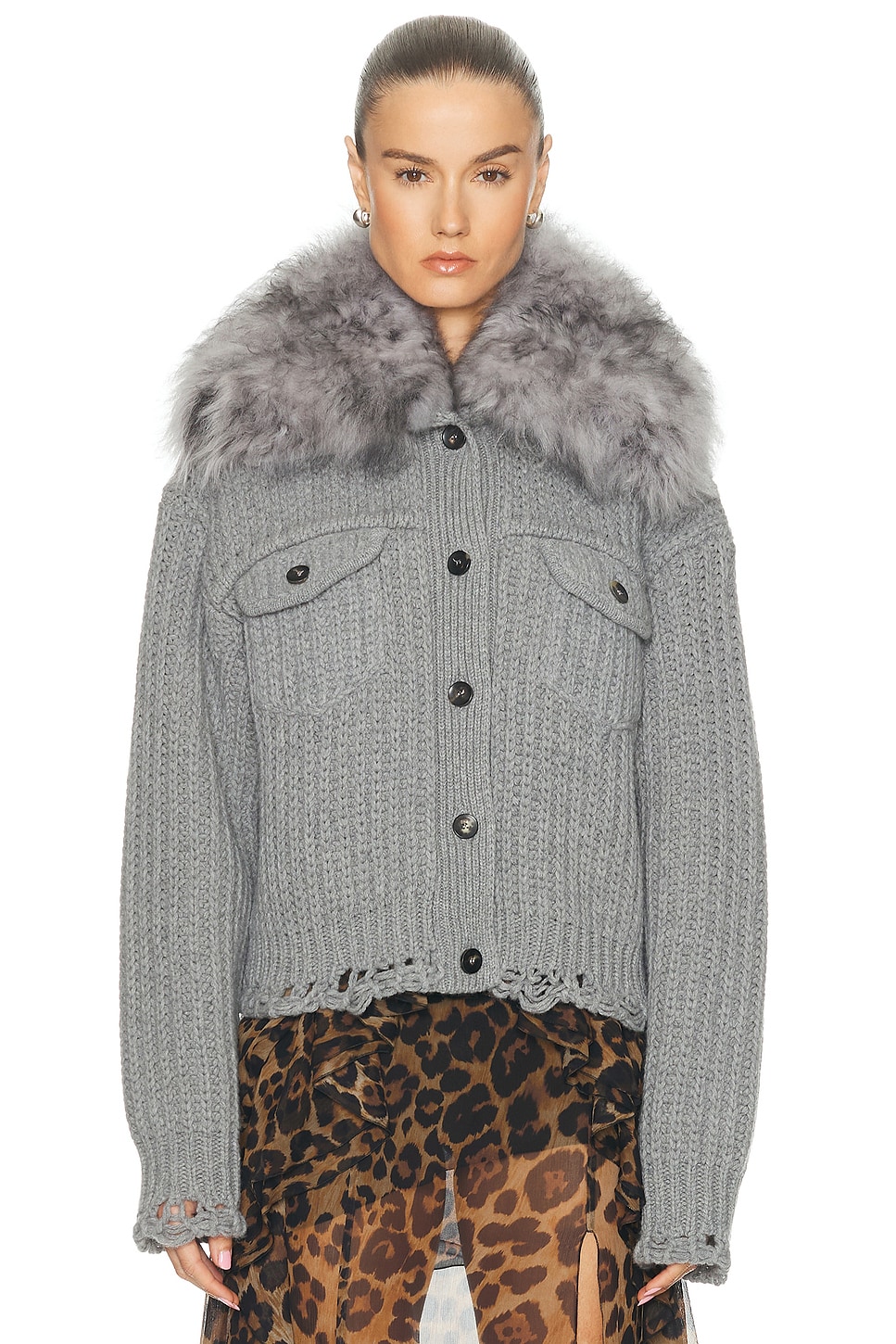 Blumarine Long Sleeve Cardigan In Gray