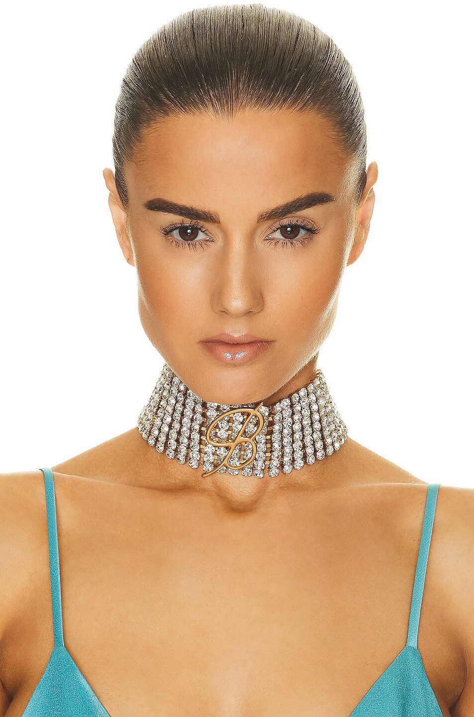 Blumarine Logo Choker in Oro Satinato & Crystal FWRD