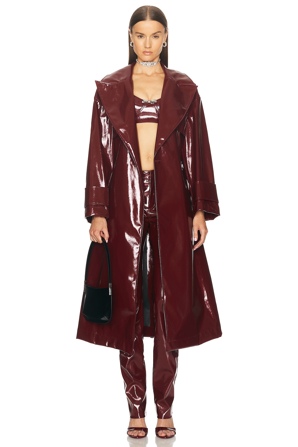 Image 1 of Blumarine Faux Patent Leather Trench Coat in Burgundy